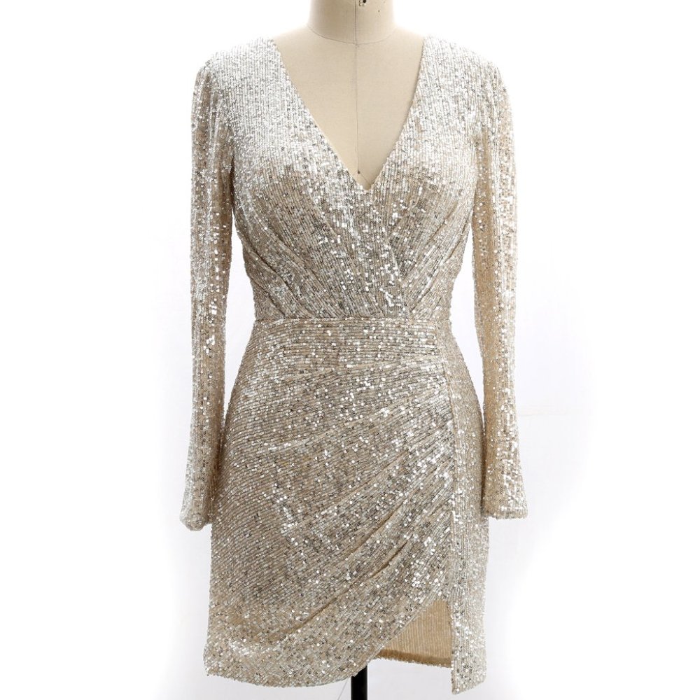 Sequin Long Sleeves V Nevk Cocktail Short Dress Cocktail Wedding New Year Party